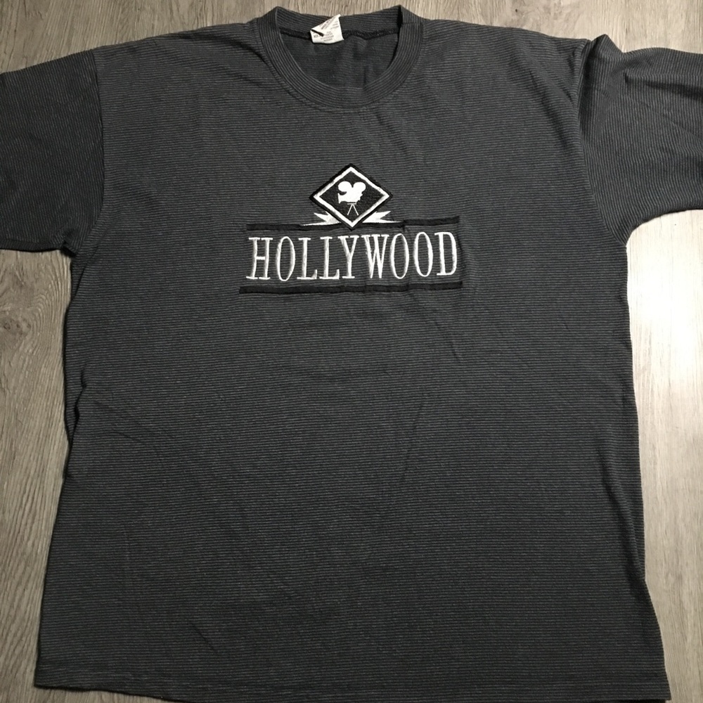 90s Vintage Hollywood Embroidered Striped Tshirt L